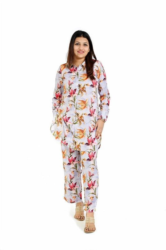 Trendy White Orange Printed Co - Ord Set for Women - The Bebla