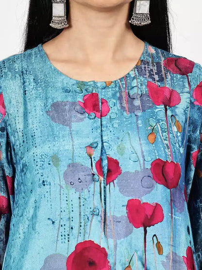 Turquoise Floral Printed Kurta Set with Dupatta - The Bebla