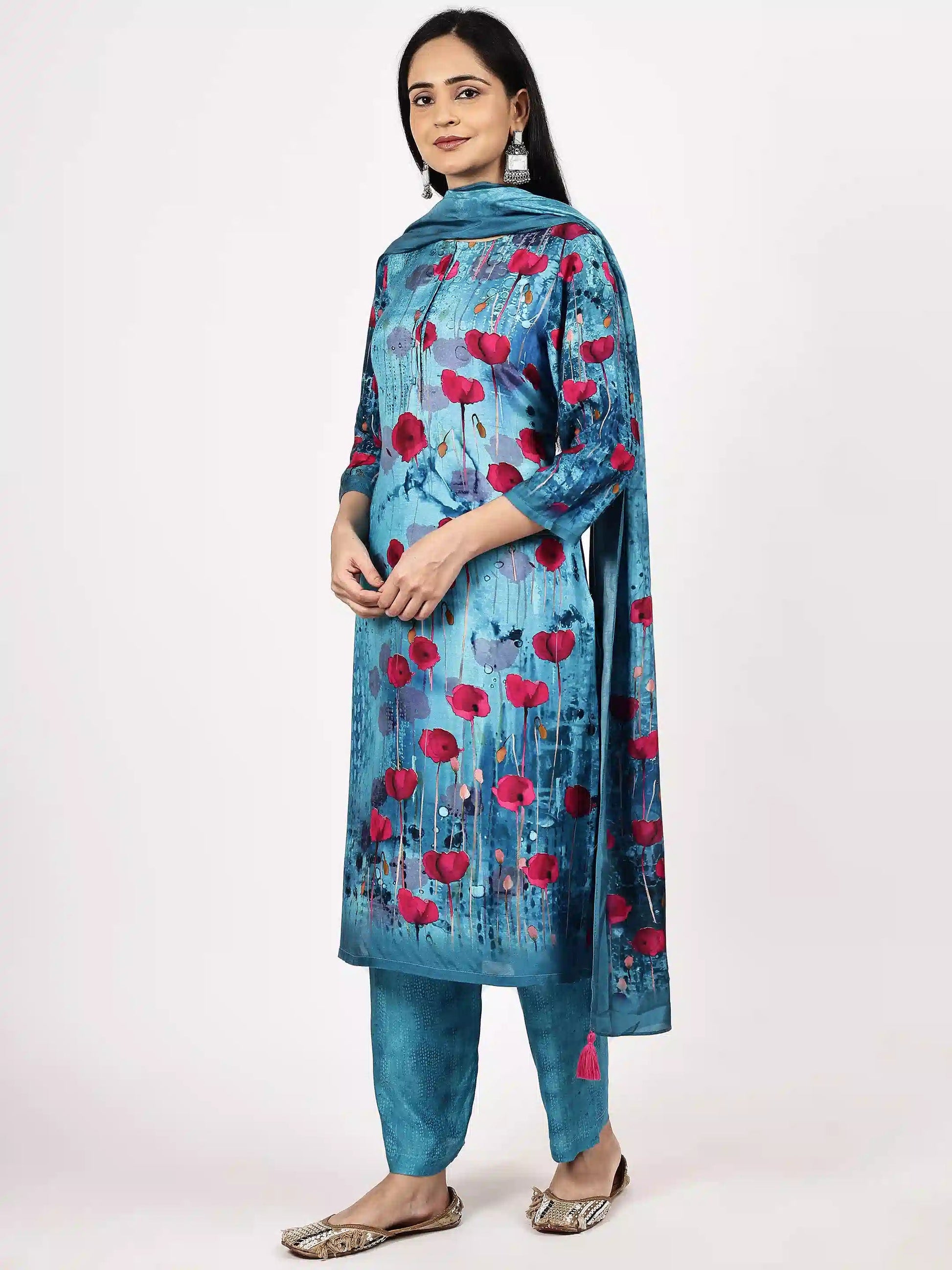 Turquoise Floral Printed Kurta Set with Dupatta - The Bebla