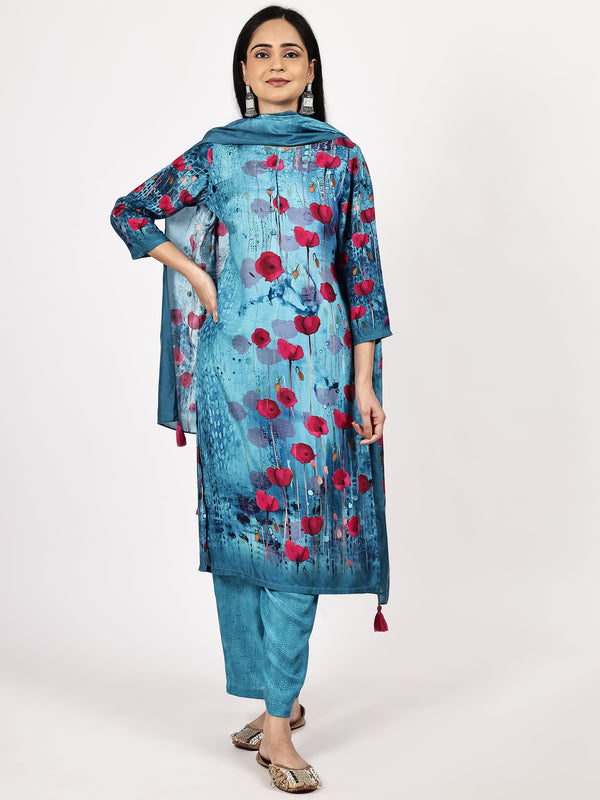 Turquoise Floral Printed Kurta Set with Dupatta