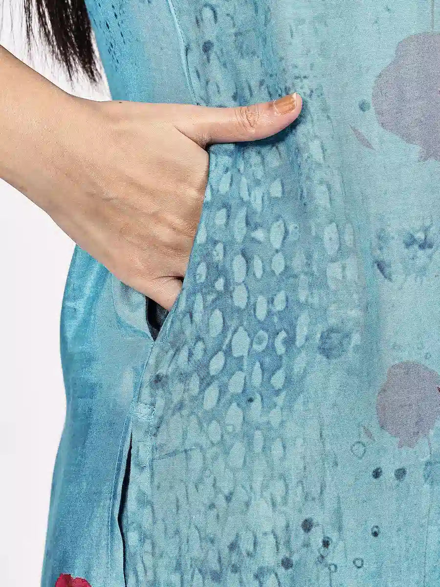Turquoise Floral Printed Kurta Set with Dupatta - The Bebla