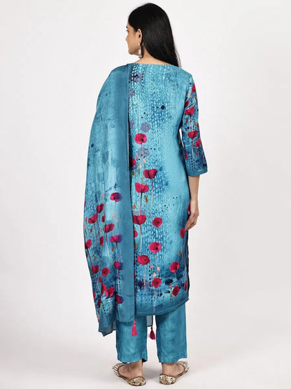 Turquoise Floral Printed Kurta Set with Dupatta - The Bebla