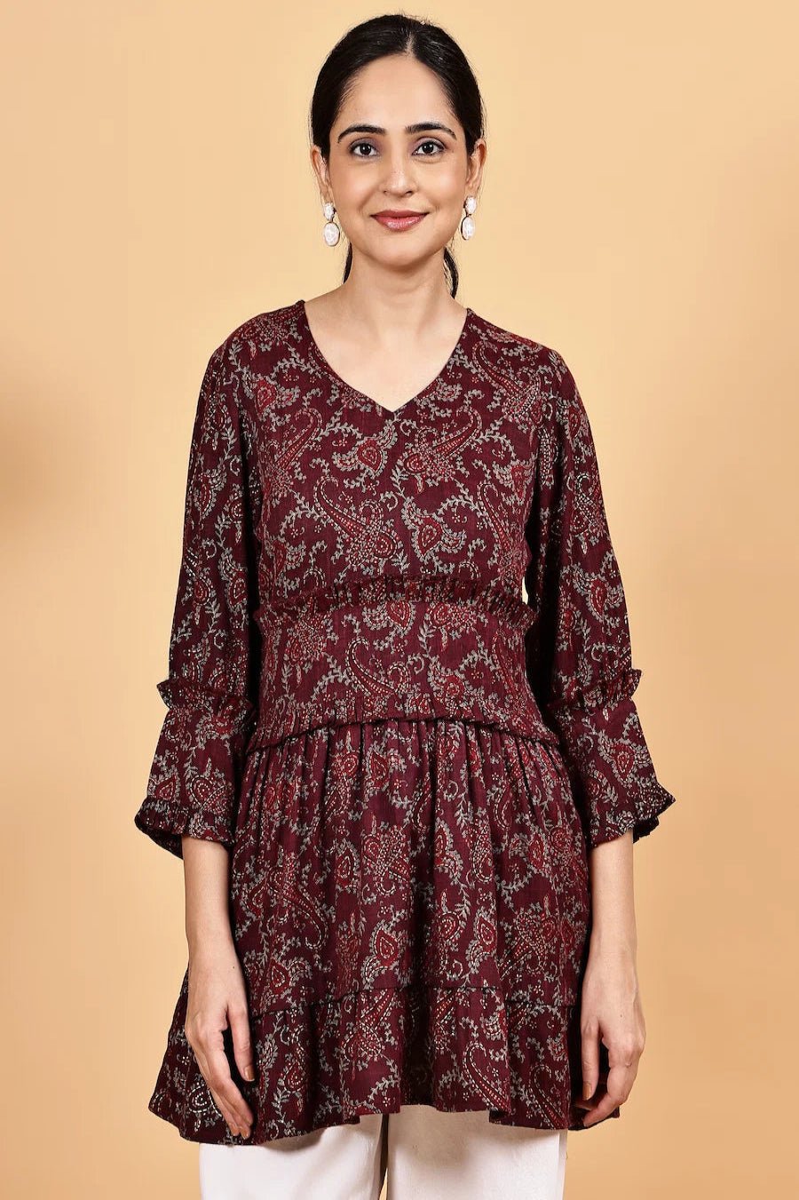 V neck waist gathered peplum top - The Bebla