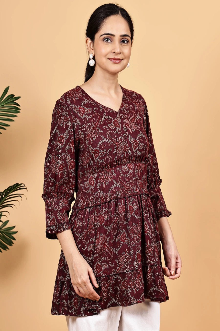 V neck waist gathered peplum top - The Bebla