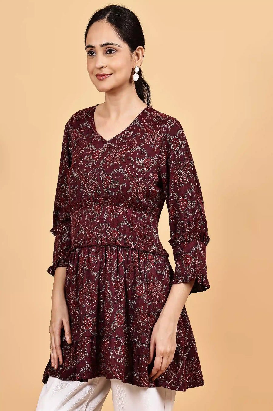 V neck waist gathered peplum top - The Bebla