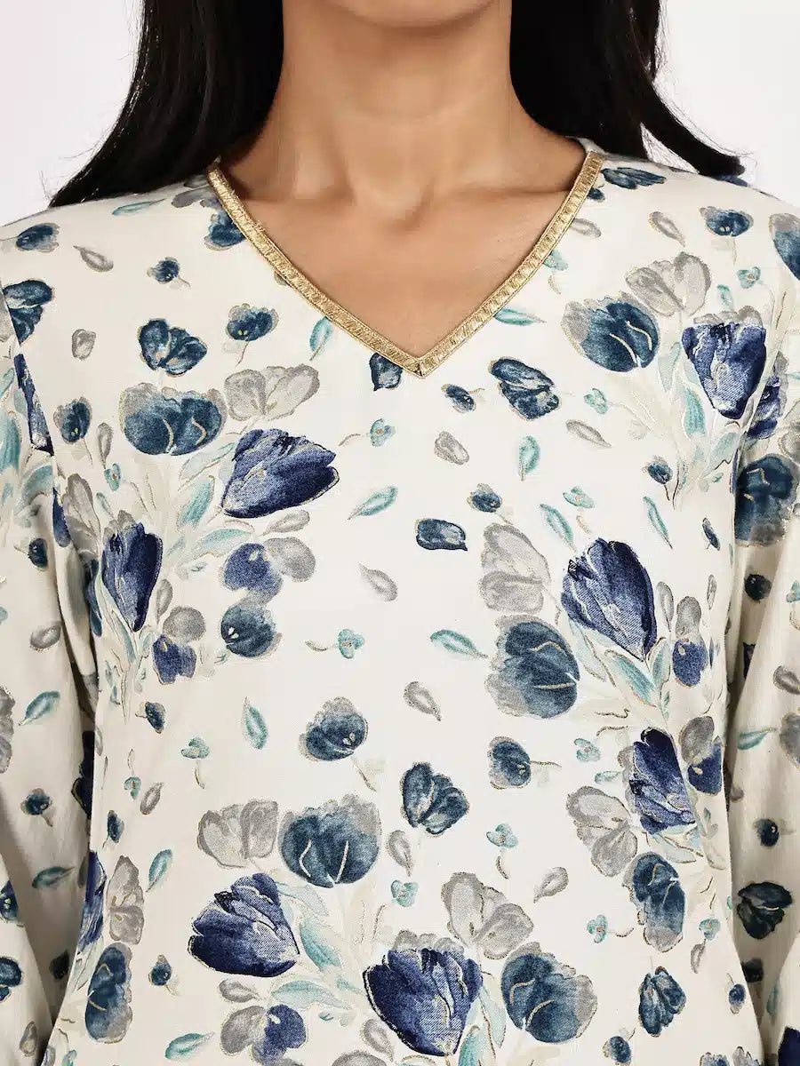 White & Blue Floral Printed Kurta with Pant - The Bebla