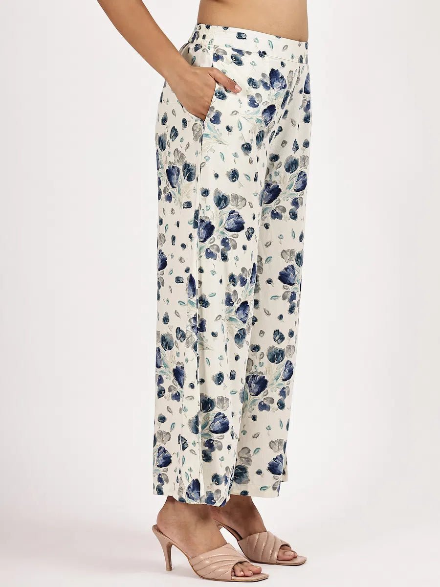 White & Blue Floral Printed Kurta with Pant - The Bebla