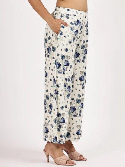 White & Blue Floral Printed Kurta with Pant - The Bebla