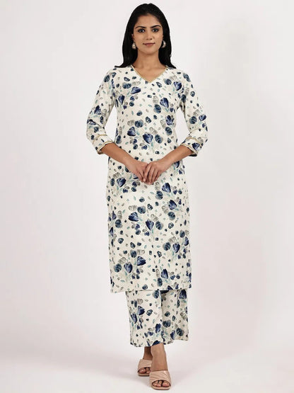 White & Blue Floral Printed Kurta with Pant - The Bebla