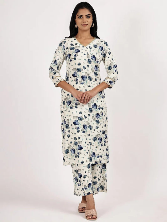 White & Blue Floral Printed Kurta with Pant - The Bebla