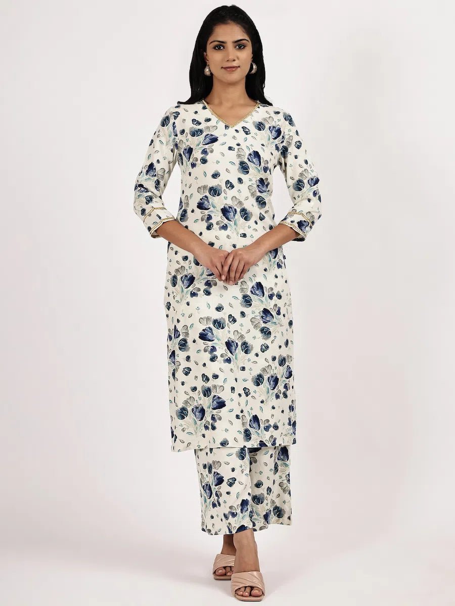 White & Blue Floral Printed Kurta with Pant