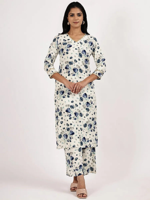 White & Blue Floral Printed Kurta with Pant