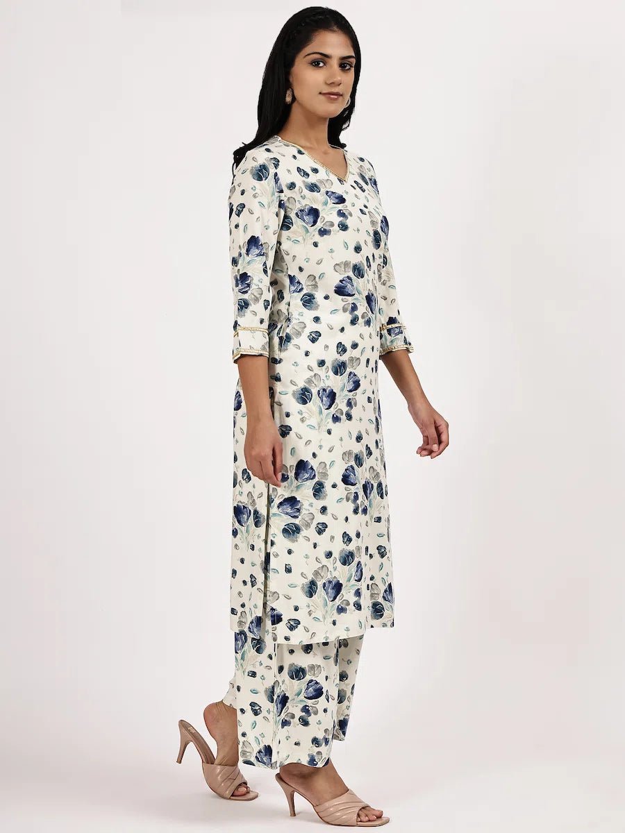White & Blue Floral Printed Kurta with Pant - The Bebla