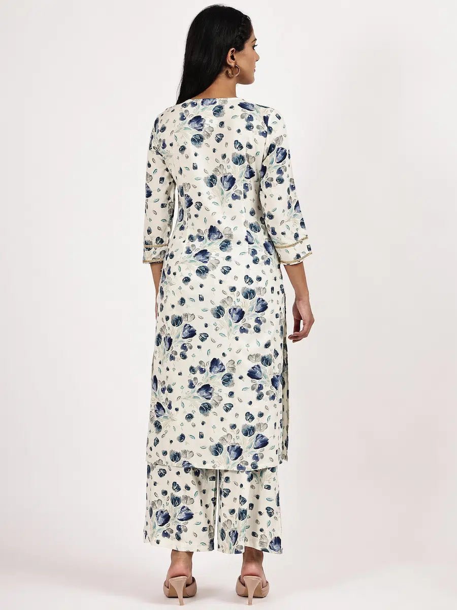 White & Blue Floral Printed Kurta with Pant - The Bebla