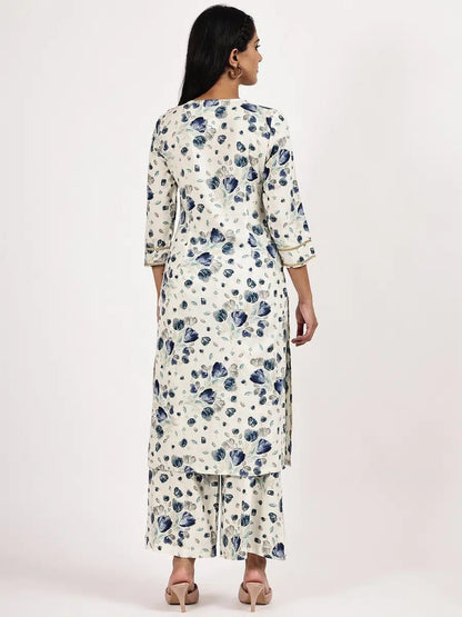 White & Blue Floral Printed Kurta with Pant - The Bebla