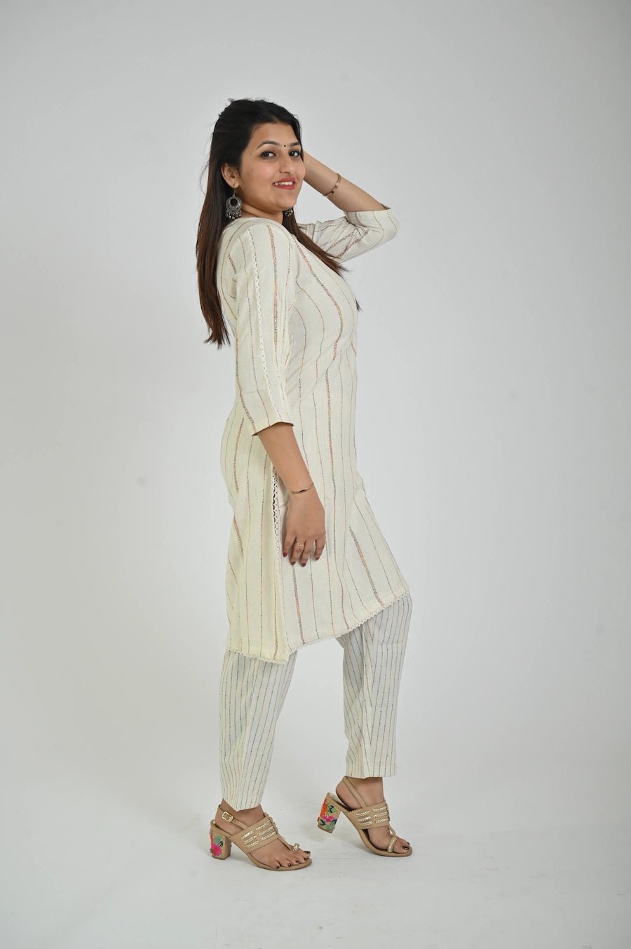 White Printed Kurta with Matching Pants for Women - The Bebla