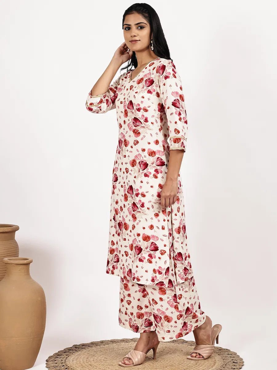 white Red Floral Print Kurta with Palazzo Set - The Bebla