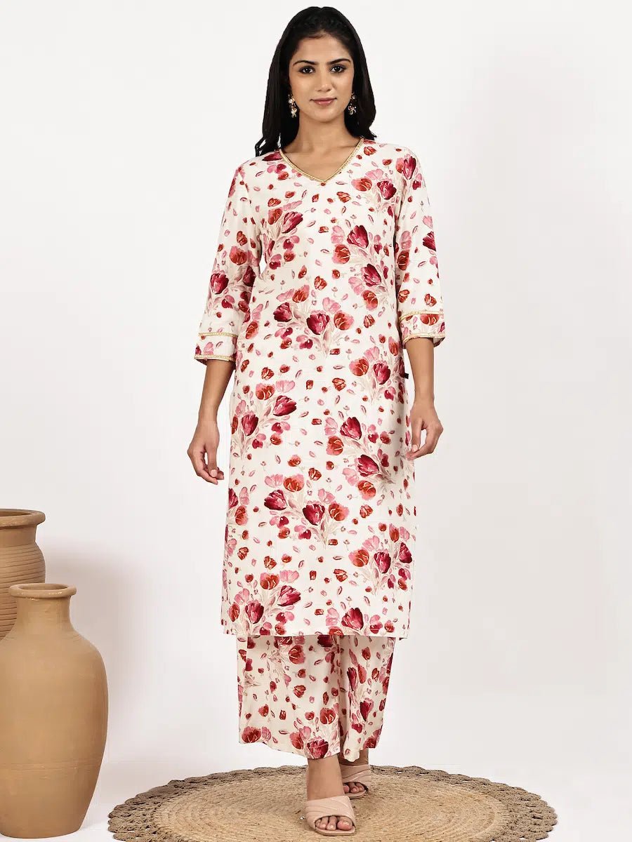 white Red Floral Print Kurta with Palazzo Set - The Bebla