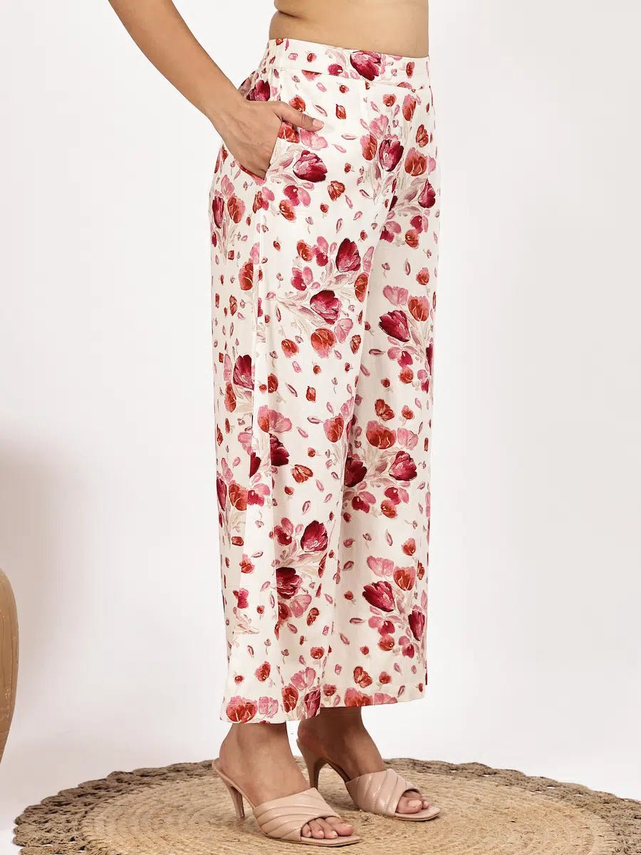 white Red Floral Print Kurta with Palazzo Set - The Bebla