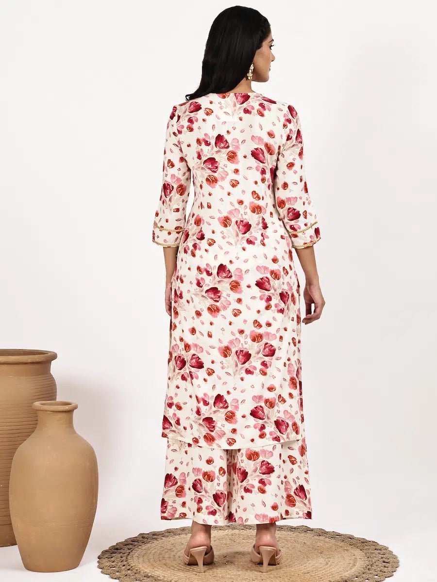 white Red Floral Print Kurta with Palazzo Set - The Bebla