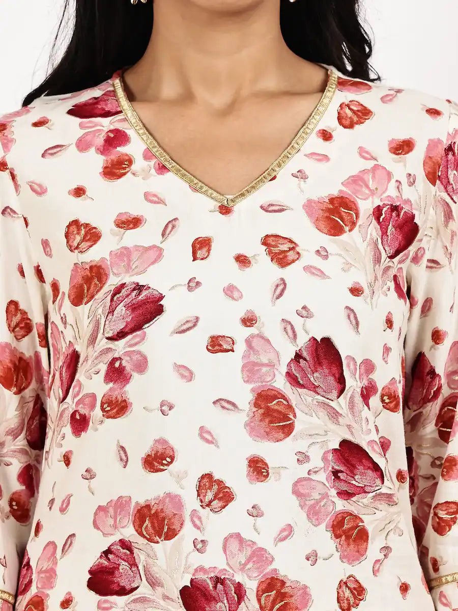 white Red Floral Print Kurta with Palazzo Set - The Bebla