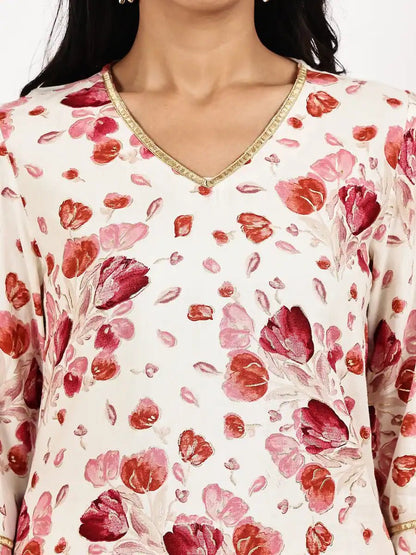 white Red Floral Print Kurta with Palazzo Set - The Bebla