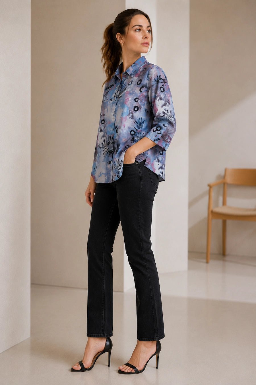 Women Blue Abstract Printed Casual Shirt Top - The Bebla