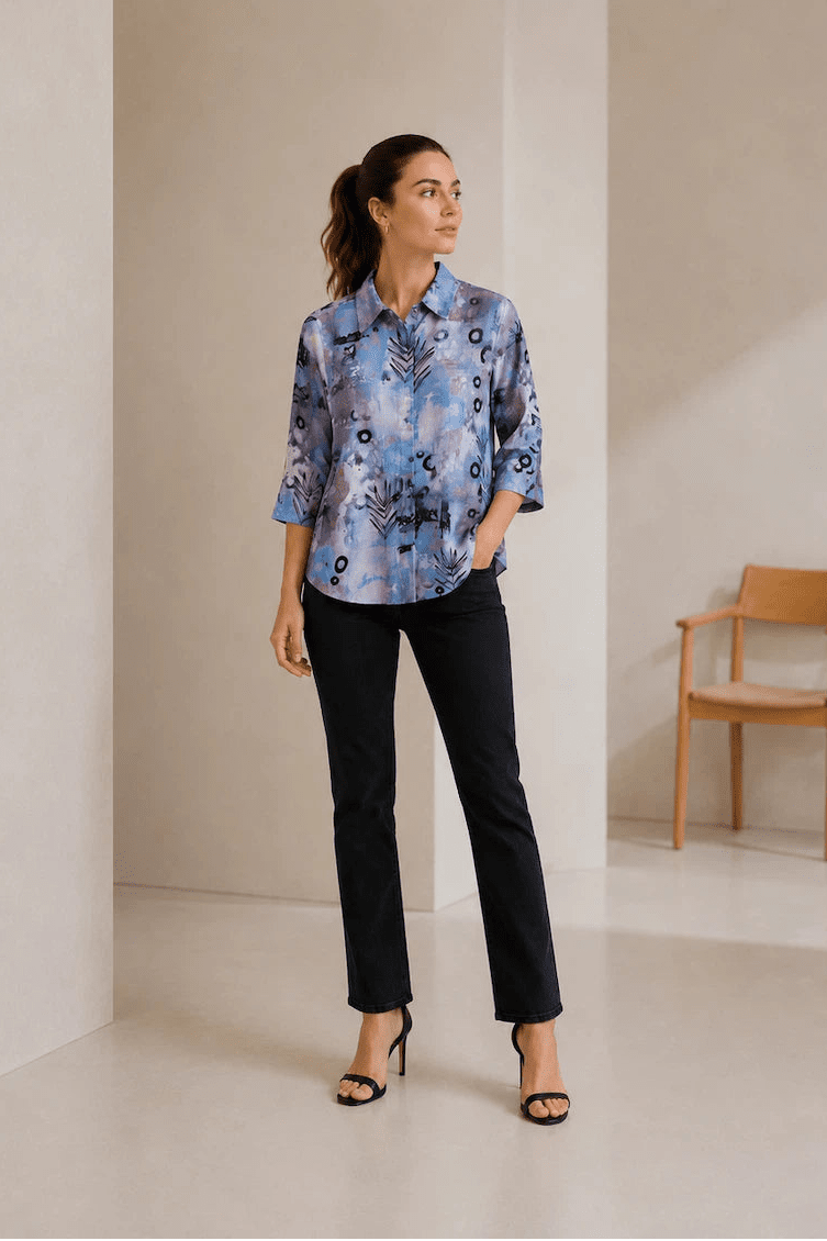 Women Blue Abstract Printed Casual Shirt Top - The Bebla