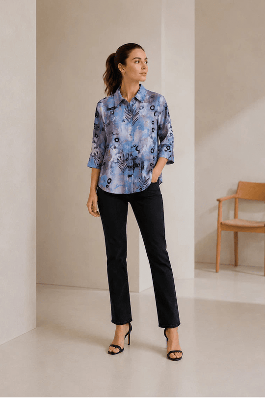 Women Blue Abstract Printed Casual Shirt Top