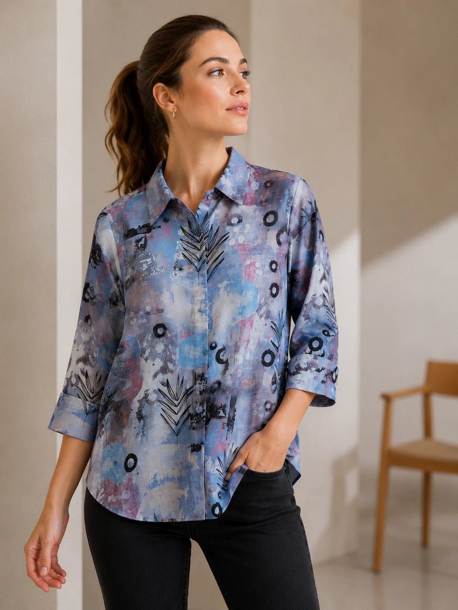 Women Blue Abstract Printed Casual Shirt Top - The Bebla