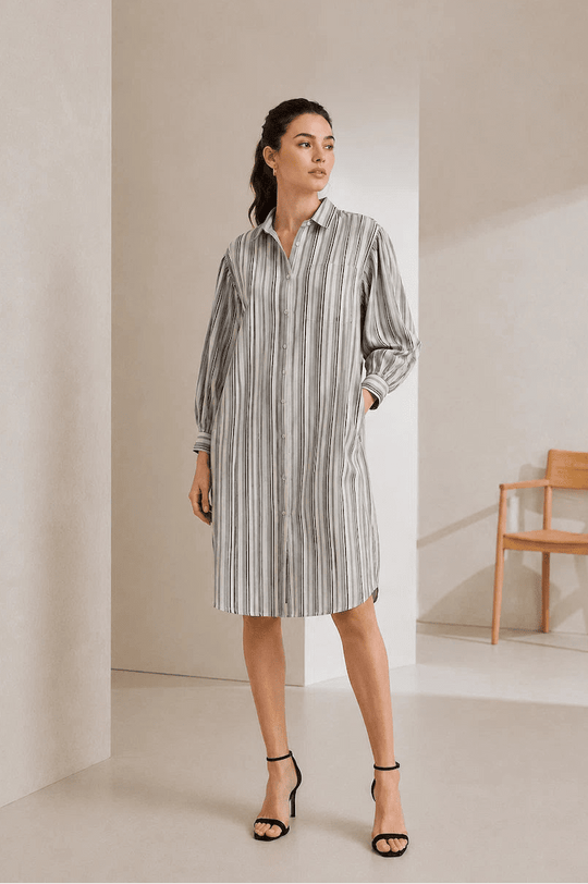 Women Grey Striped Shirt Dress | Casual Western Midi Dress with Puff Sleeves