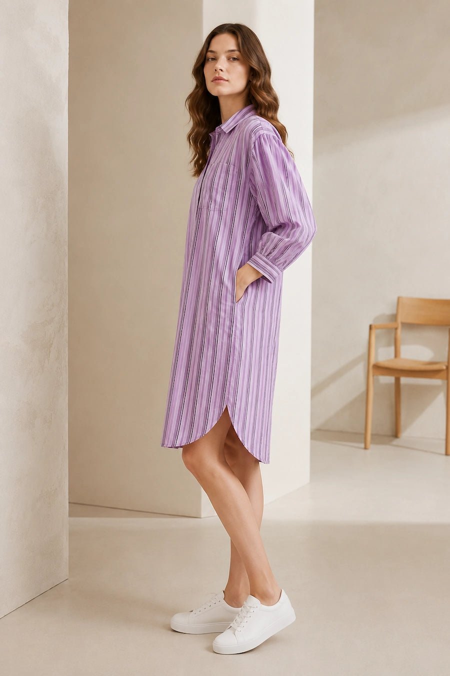 Women Lavender Striped Shirt Dress | Casual Midi Western Dress with Puff Sleeves - The Bebla