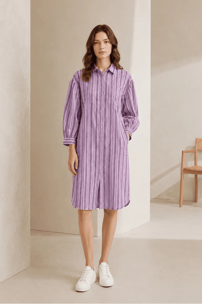 Women Lavender Striped Shirt Dress | Casual Midi Western Dress with Puff Sleeves - The Bebla