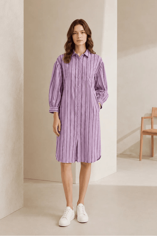Women Lavender Striped Shirt Dress | Casual Midi Western Dress with Puff Sleeves - The Bebla