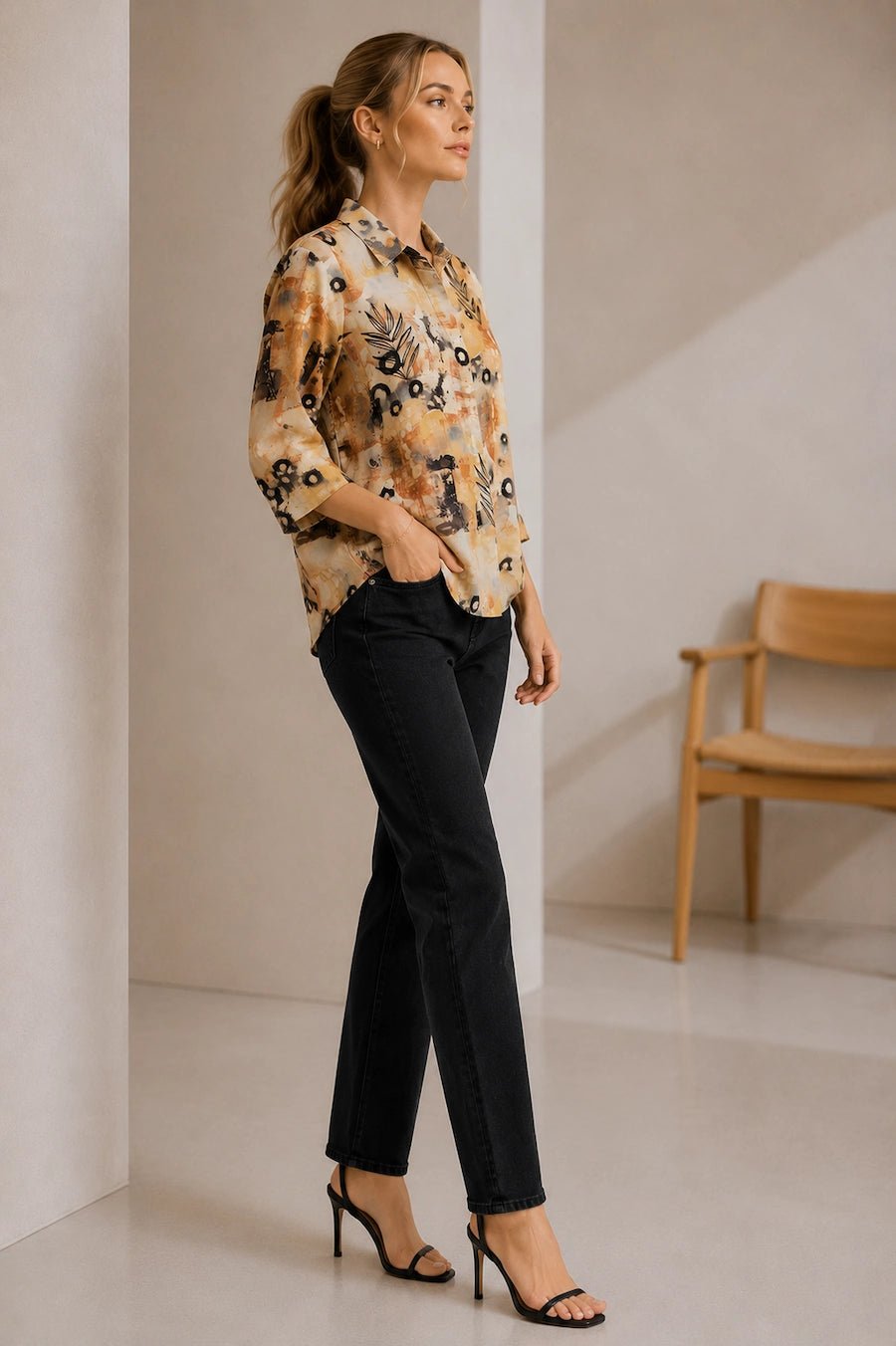 WomenBeige Abstract Printed Casual Shirt Top - The Bebla