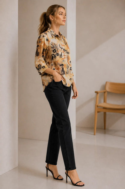 WomenBeige Abstract Printed Casual Shirt Top - The Bebla