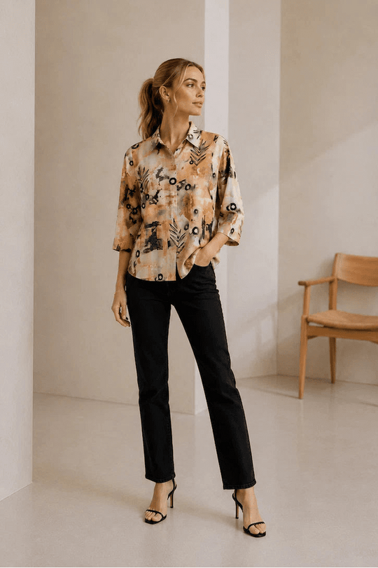 WomenBeige  Abstract Printed Casual Shirt Top