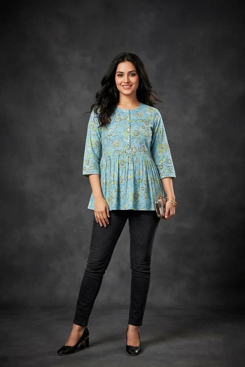 Women’s Aqua Blue Dress with Subtle Floral Pattern - The Bebla