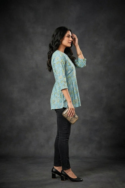 Women’s Aqua Blue Dress with Subtle Floral Pattern - The Bebla