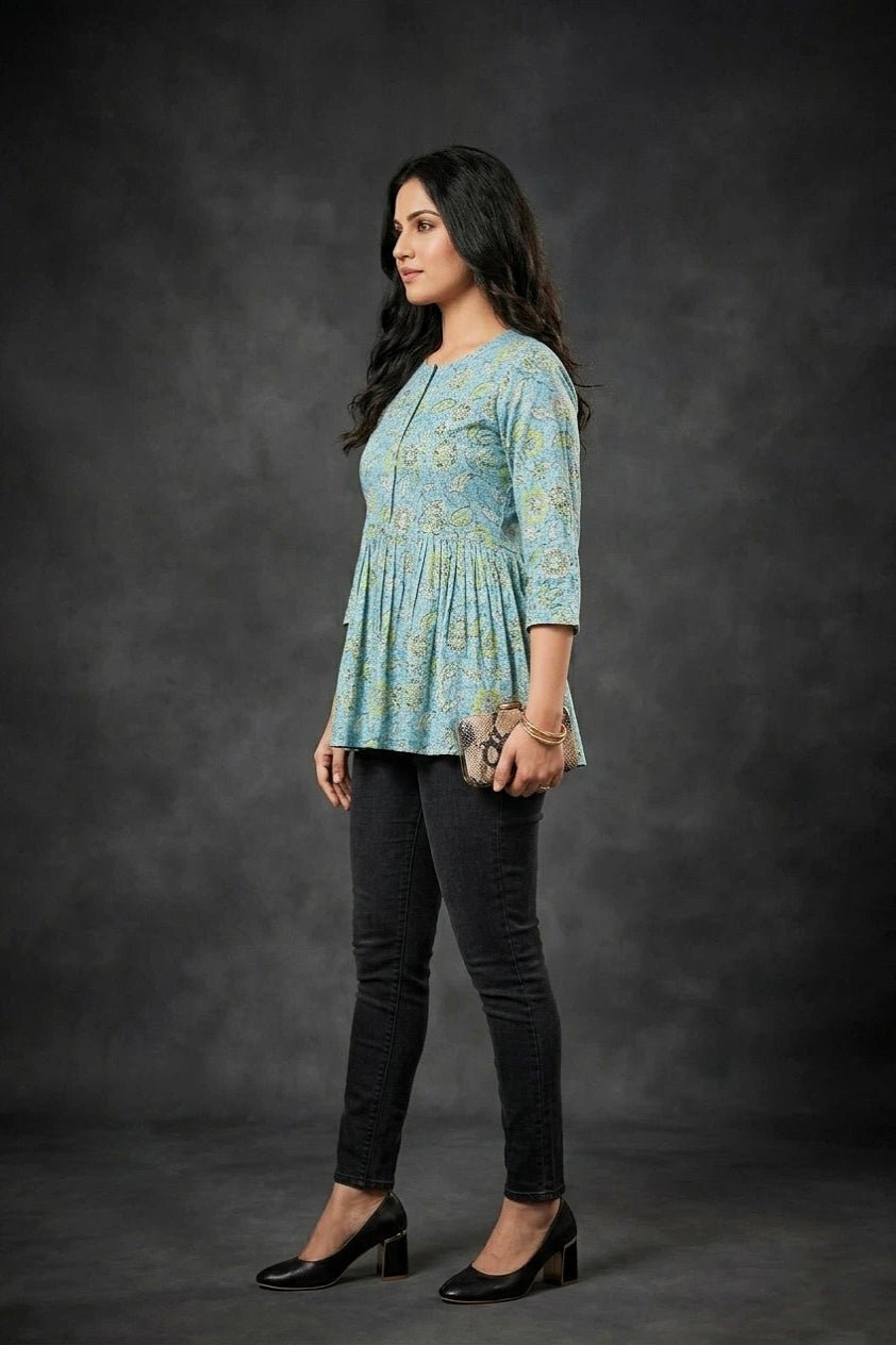 Women’s Aqua Blue Dress with Subtle Floral Pattern - The Bebla