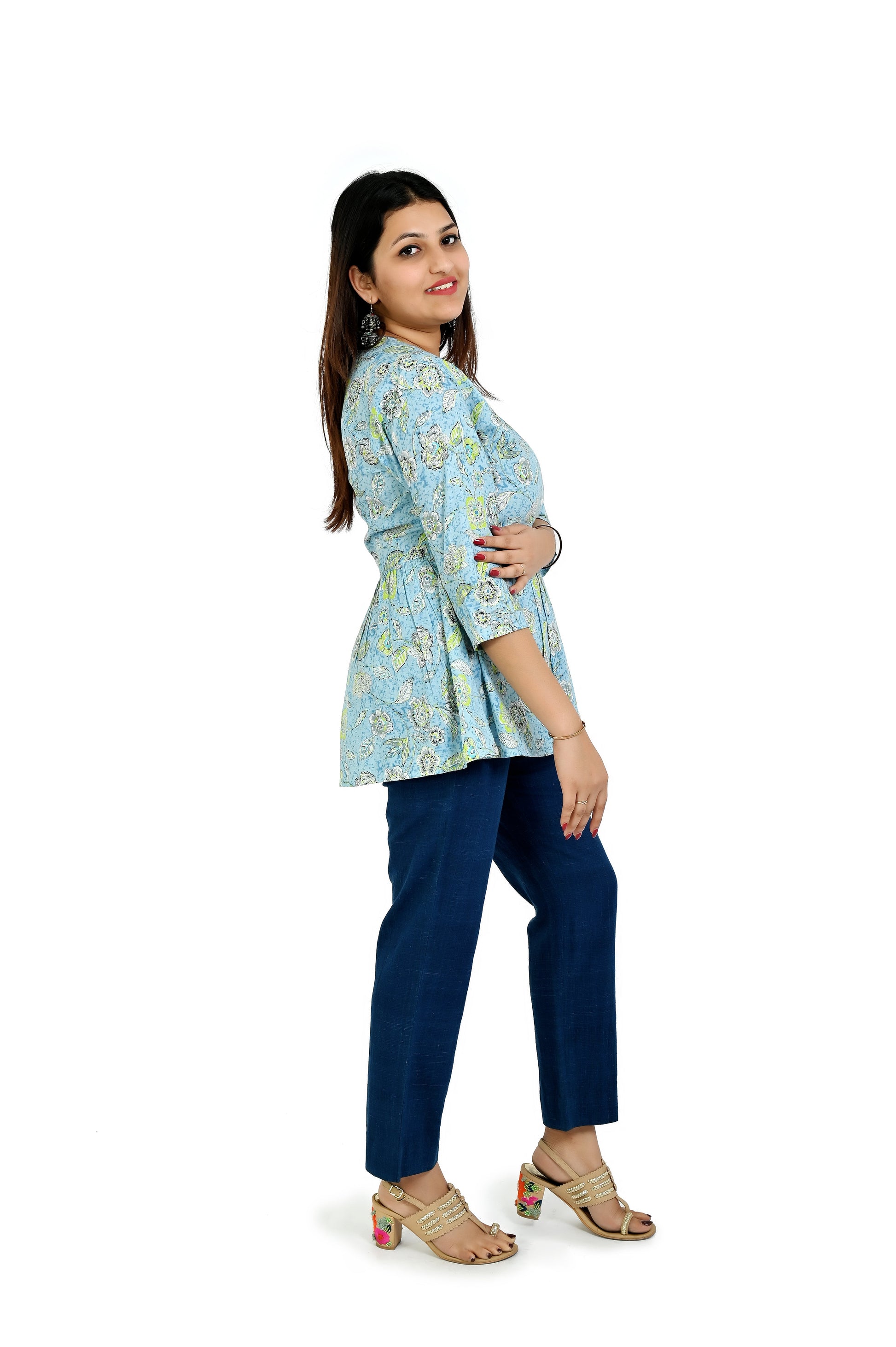 Women’s Aqua Blue Dress with Subtle Floral Pattern - The Bebla