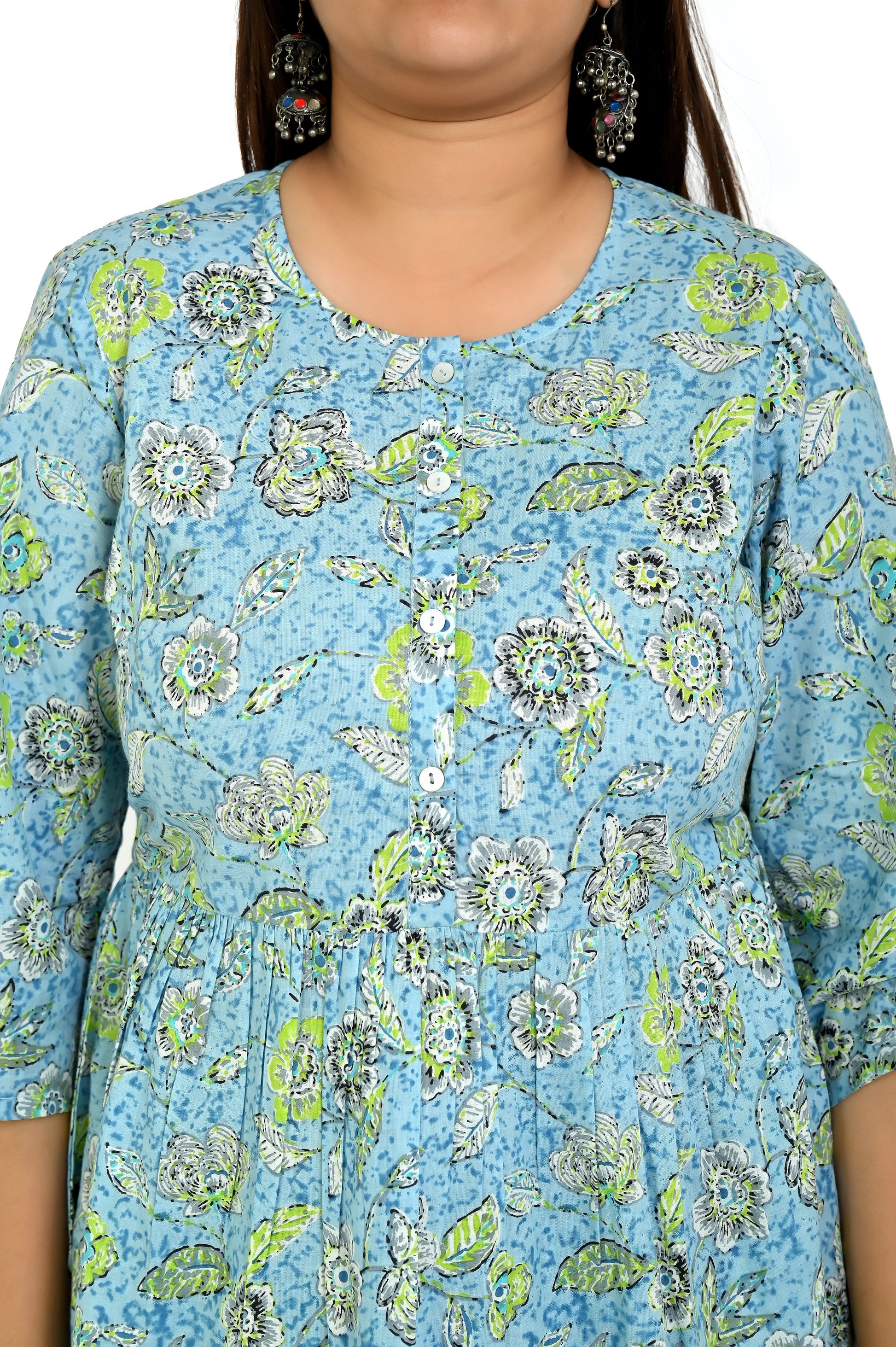 Women’s Aqua Blue Dress with Subtle Floral Pattern - The Bebla