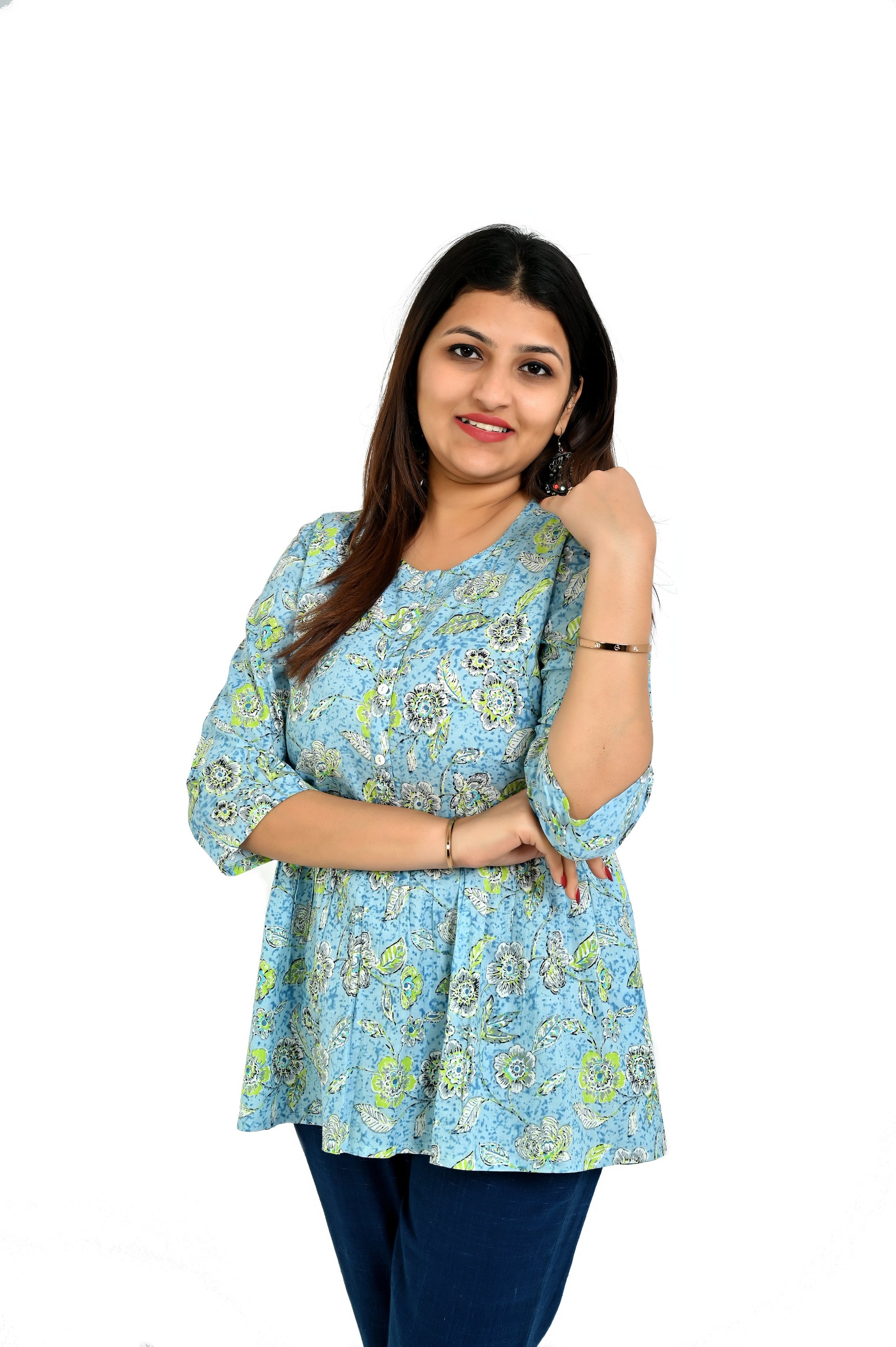 Women’s Aqua Blue Dress with Subtle Floral Pattern - The Bebla