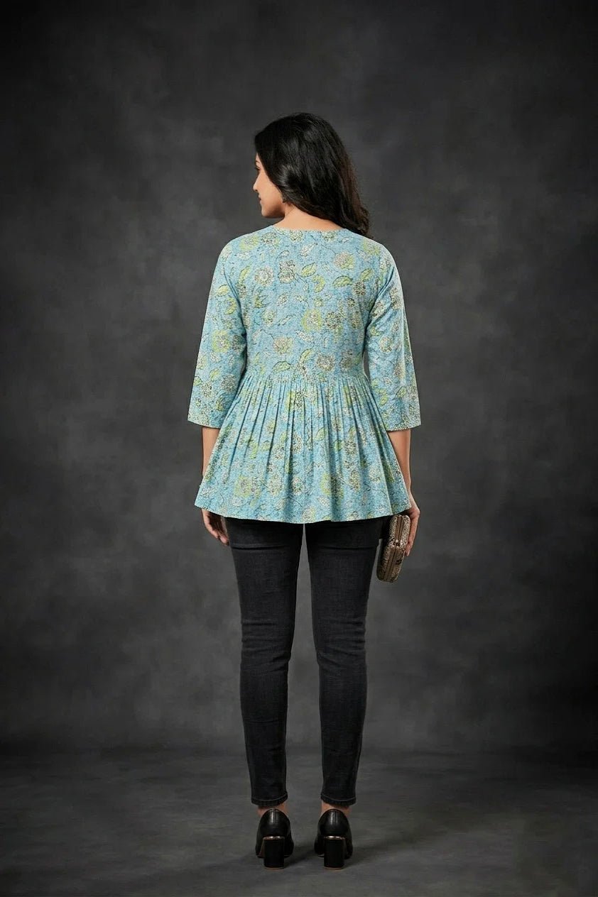 Women’s Aqua Blue Dress with Subtle Floral Pattern - The Bebla
