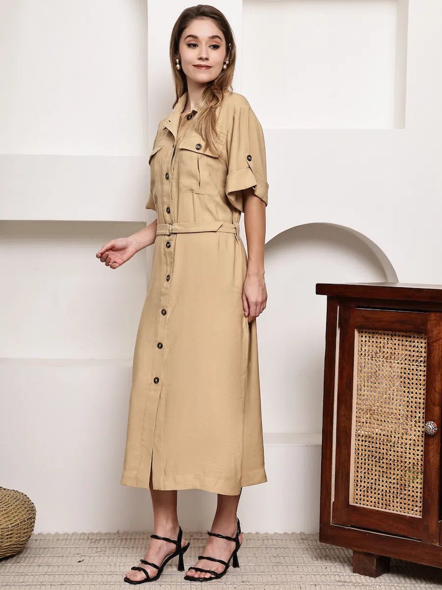 Women's Beige Belted Safari - Style Midi Shirt Dress - The Bebla