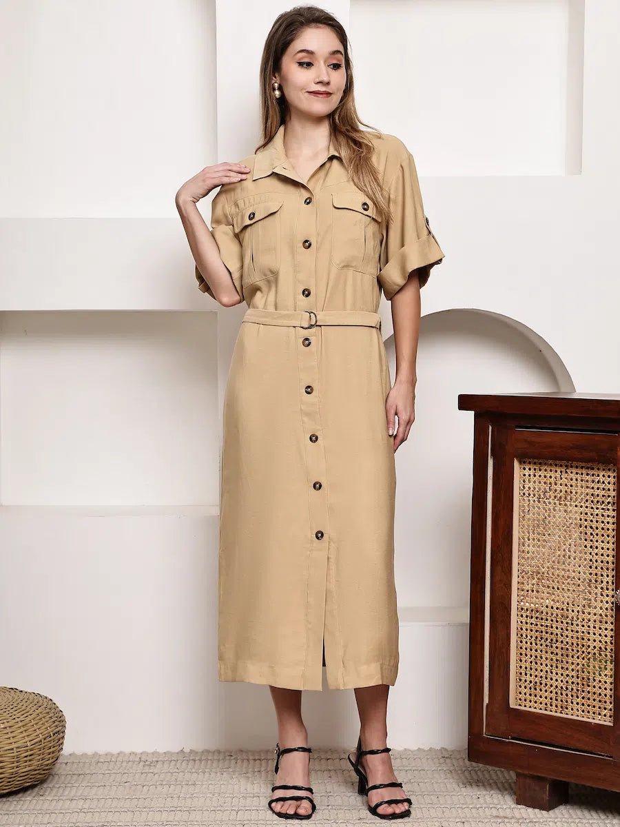 Women's Beige Belted Safari - Style Midi Shirt Dress - The Bebla