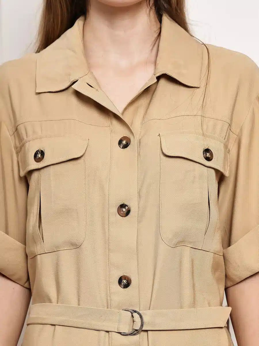 Women's Beige Belted Safari - Style Midi Shirt Dress - The Bebla