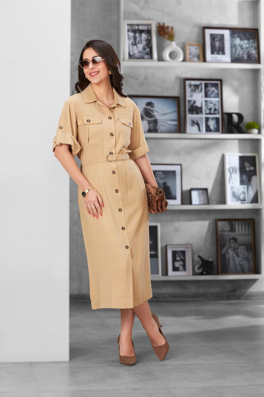 Women's Beige Belted Safari - Style Midi Shirt Dress - The Bebla