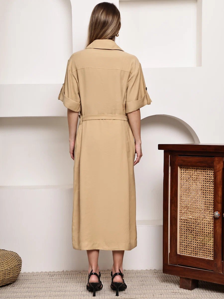 Women's Beige Belted Safari - Style Midi Shirt Dress - The Bebla