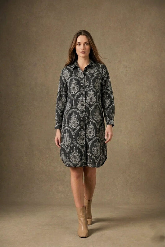 Women’s Black & White Printed Shirt Dress - The Bebla